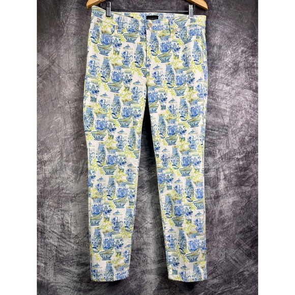 Talbots Denim - Talbots Slim Ankle Jean Women 8 White Blue Green Chinoiserie Ginger Jar Print
